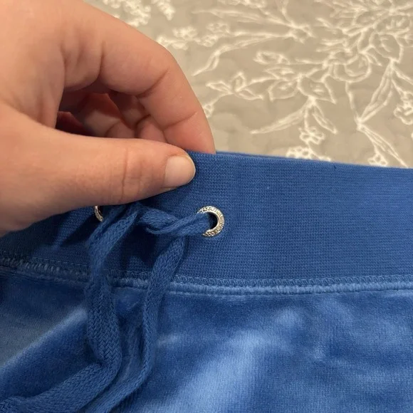Juicy Couture Crown Heritage Cotton Velour Sweatpants Rhinestones Blue LARGE - Picture 4 of 12